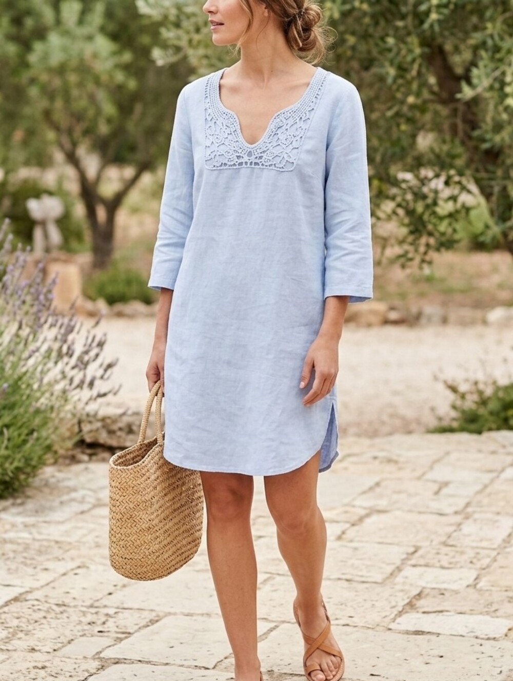 Malvin Summer Dress Germany Baby Blue Linen Large  Crochet-Neck Women's